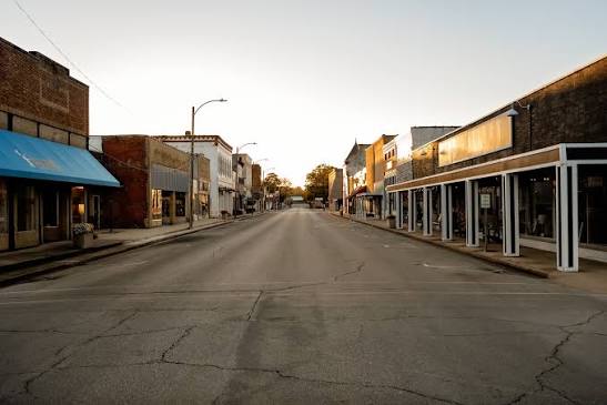 Downtown Dexter Missouri main street at golden hour